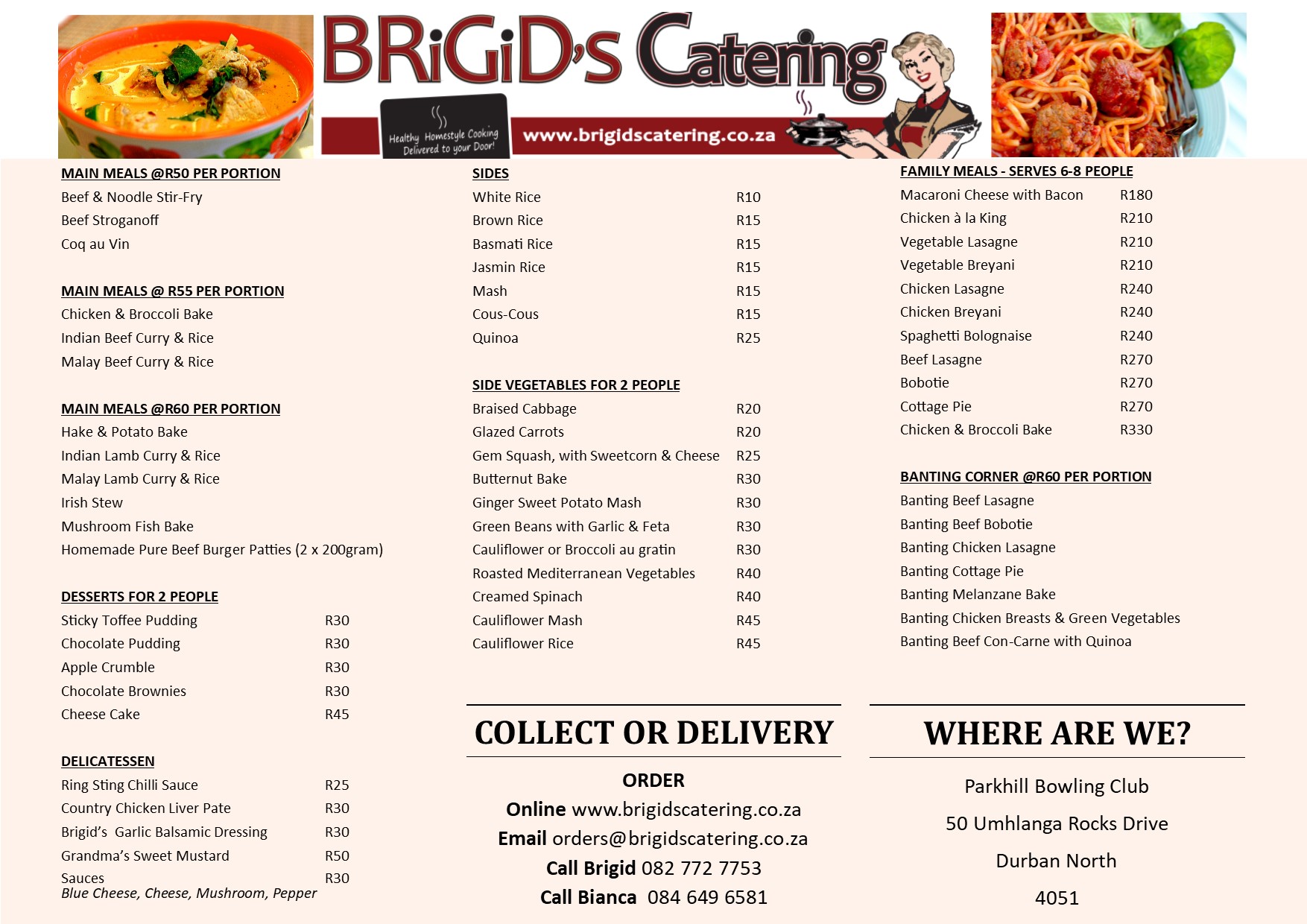 Frozen Meal Menu Brigid S Catering